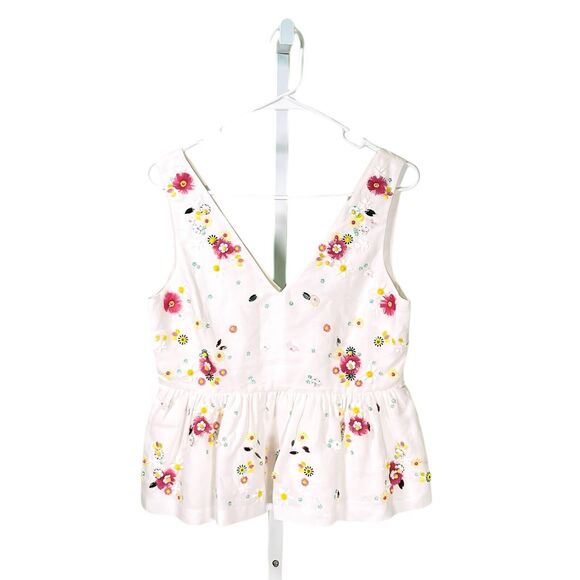 J. Crew Women's Blouse White Floral Beaded Sleeveless Colorful Boho Spring Top 2 - Picture 1 of 10